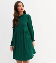 New Look Dark Green Crinkle Long Sleeve Mini Smock Dress